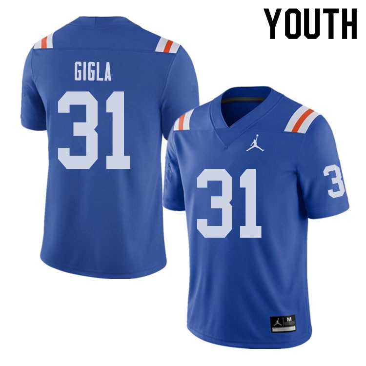 Youth NCAA Florida Gators Anthony Gigla #31 Stitched Authentic Alternate Jordan Brand Royal Throwback College Football Jersey HOT3665RY